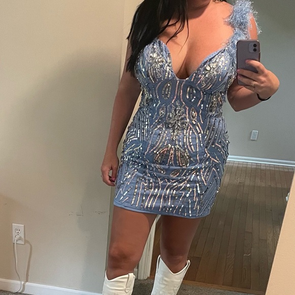 ASOS LUXE embellished gemstone mini dress with faux feathers in blue - Picture 5 of 5